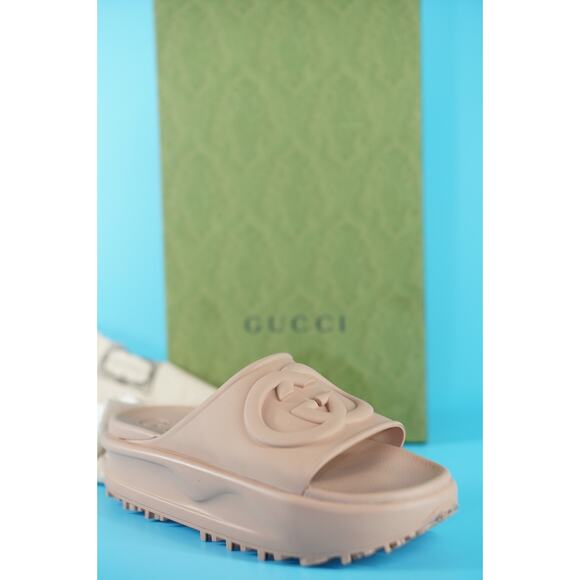 Gucci Miami GG Logo Rubber Slide Platform Mule Sandals Size 39 New $590 Camel - Picture 11 of 11